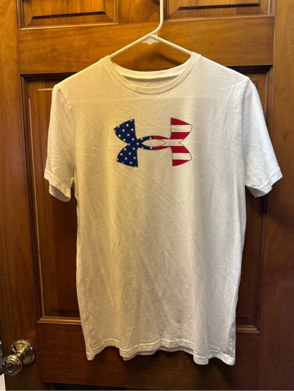 Under Armour White Short-Sleeve Tee with Red & Blue Flag Logo